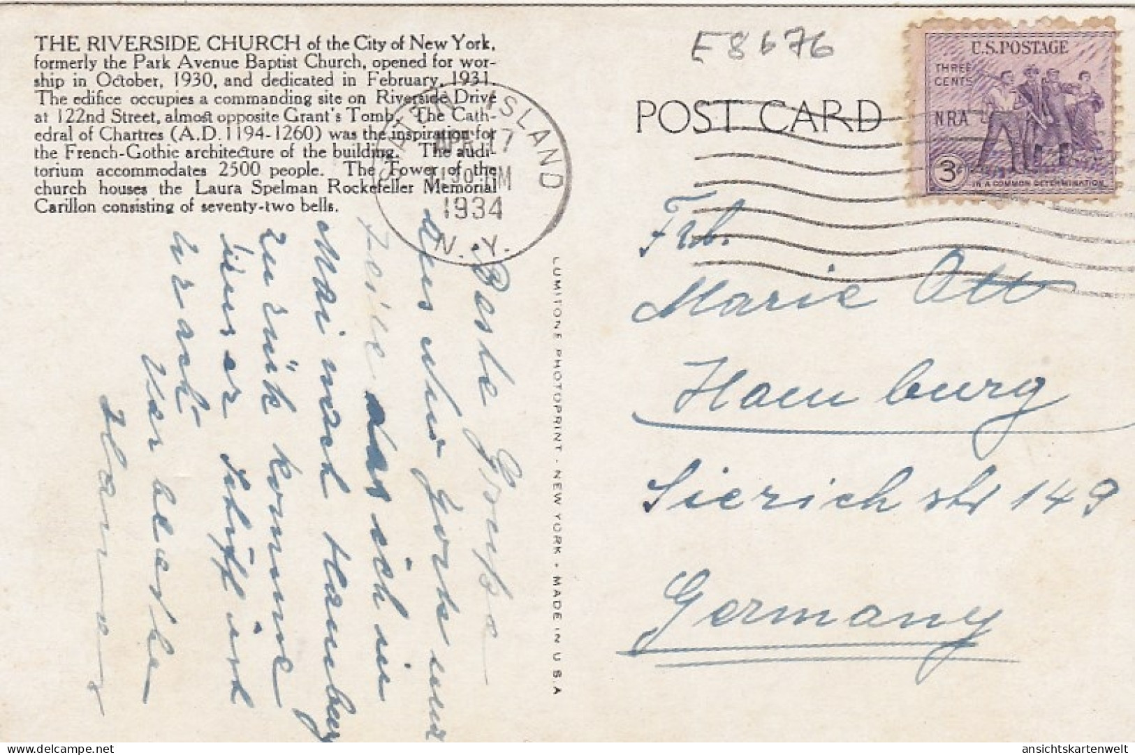 New York City, The Riverside Church Gl1934 #E8676 - Other & Unclassified