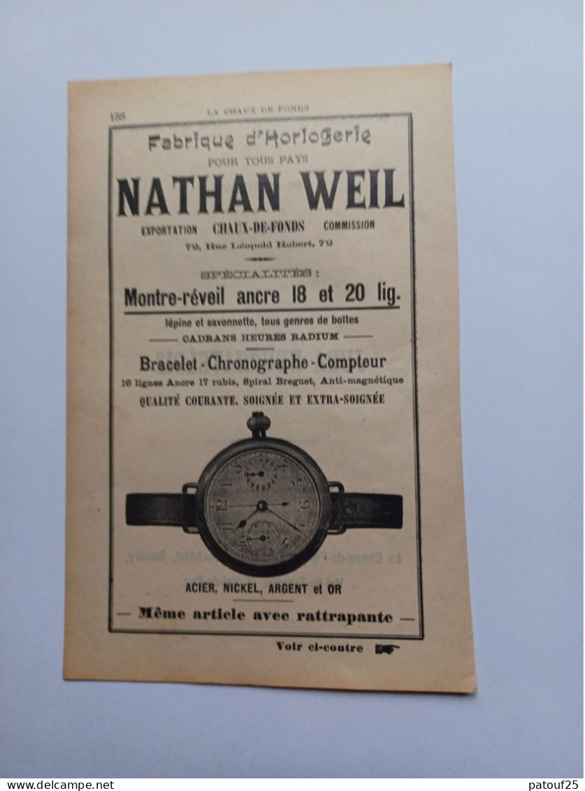 Ancienne Publicité Horlogerie NATHAN WEIL  CHAUX DE FONDS  SUISSE 1914 - Suisse