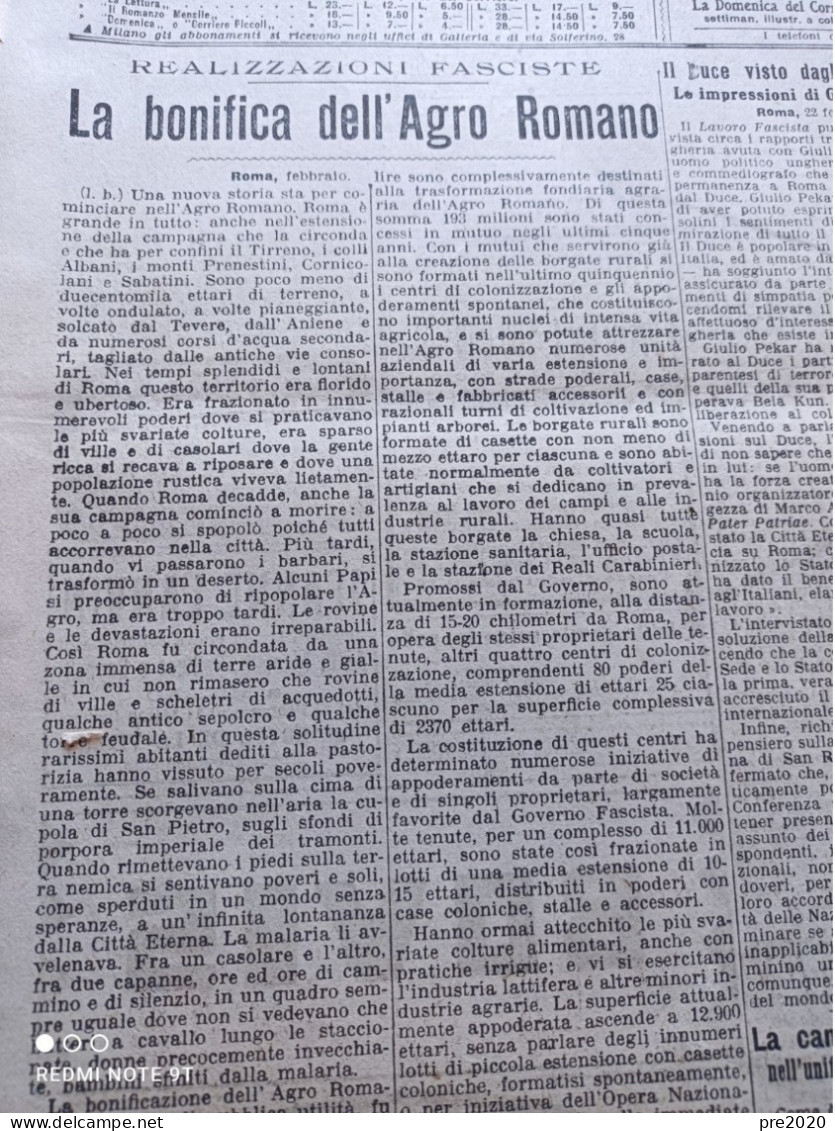 CORRIERE DELLA SERA 23/2/1929 BONIFICA DELL’AGRO ROMANO VECCHIANO PISA - Other & Unclassified