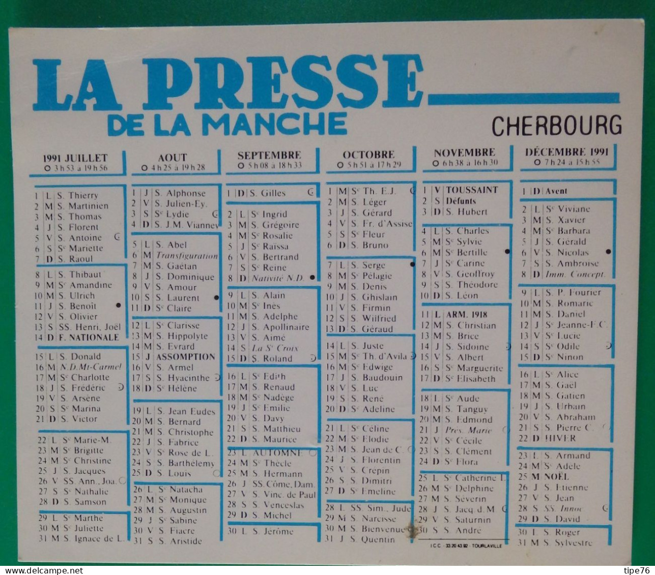 Petit Calendrier De Poche 1991 Journal La Presse De La Manche Cherbourg - Small : 1991-00