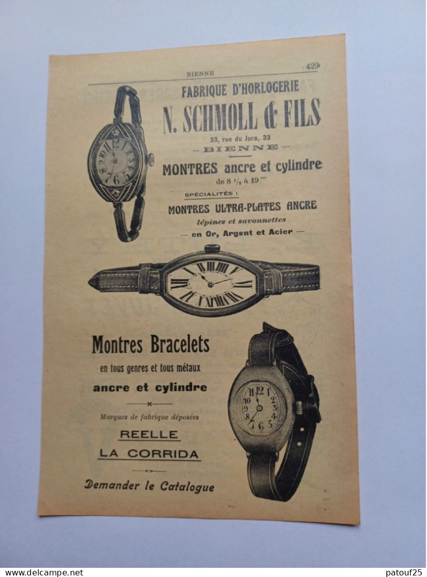 Ancienne Publicité Horlogerie N.SCHMOLL ET FILS BIENNE SUISSE 1914 - Suisse