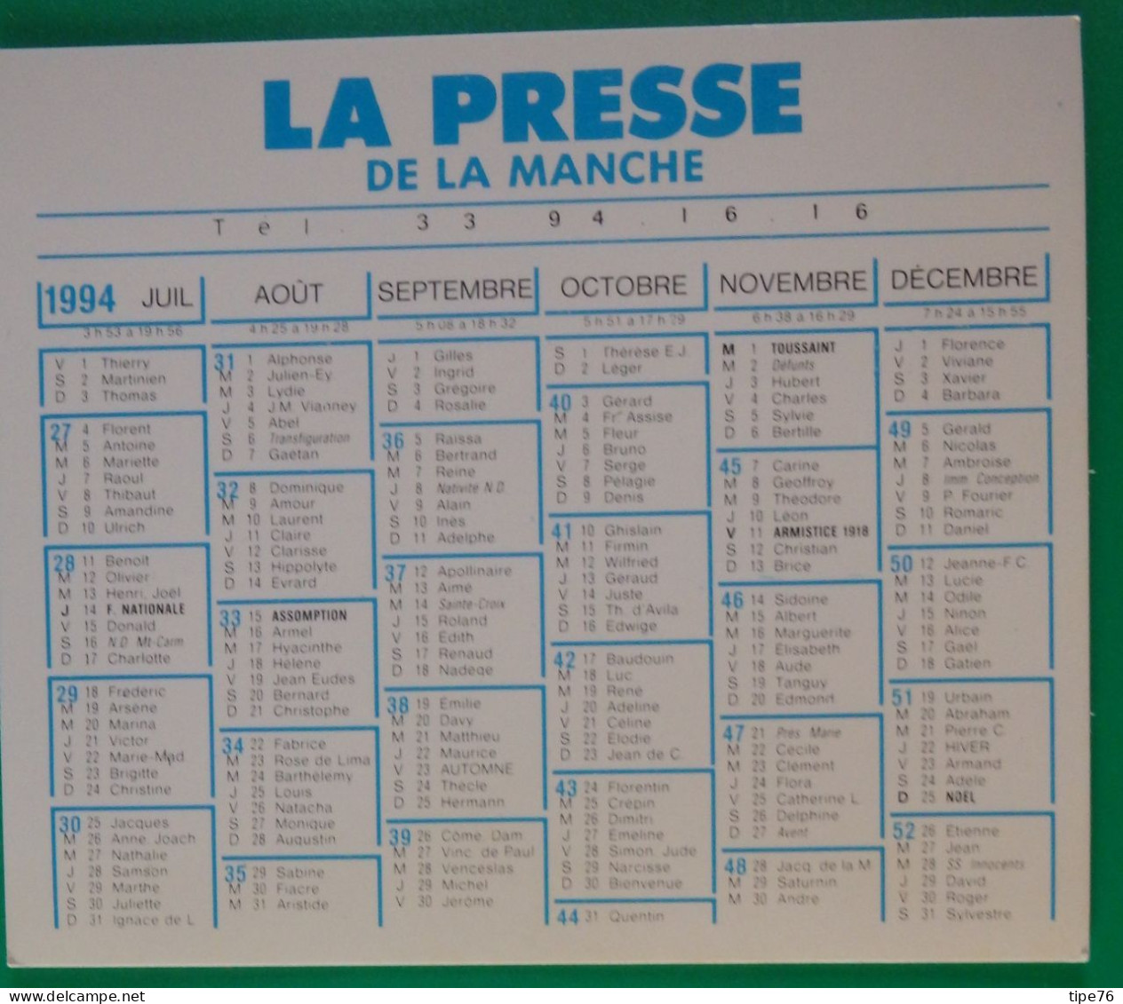 Petit Calendrier De Poche 1994 Journal La Presse De La Manche - Klein Formaat: 1991-00