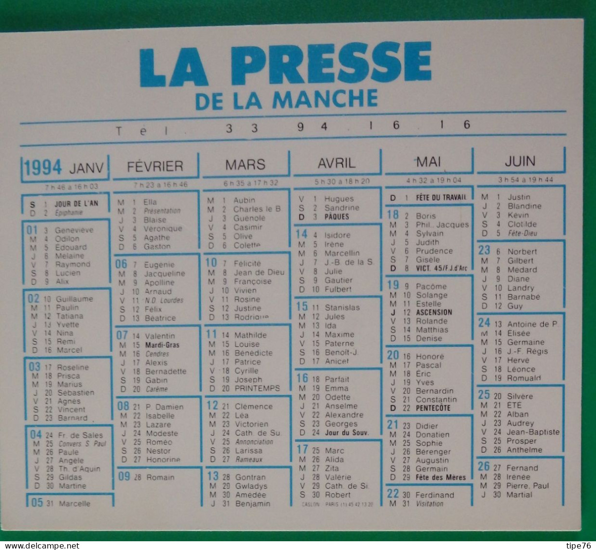 Petit Calendrier De Poche 1994 Journal La Presse De La Manche - Small : 1991-00