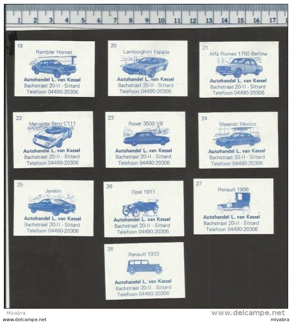 CARS AUTO OLDTIMERS PEUGEOT CITROEN DS21 AUDI SIMCA NSU RO80 VW PORSCHE FIAT BMW RENAULT MUSTANG DUTCH MATCHBOX LABELS - Matchbox Labels