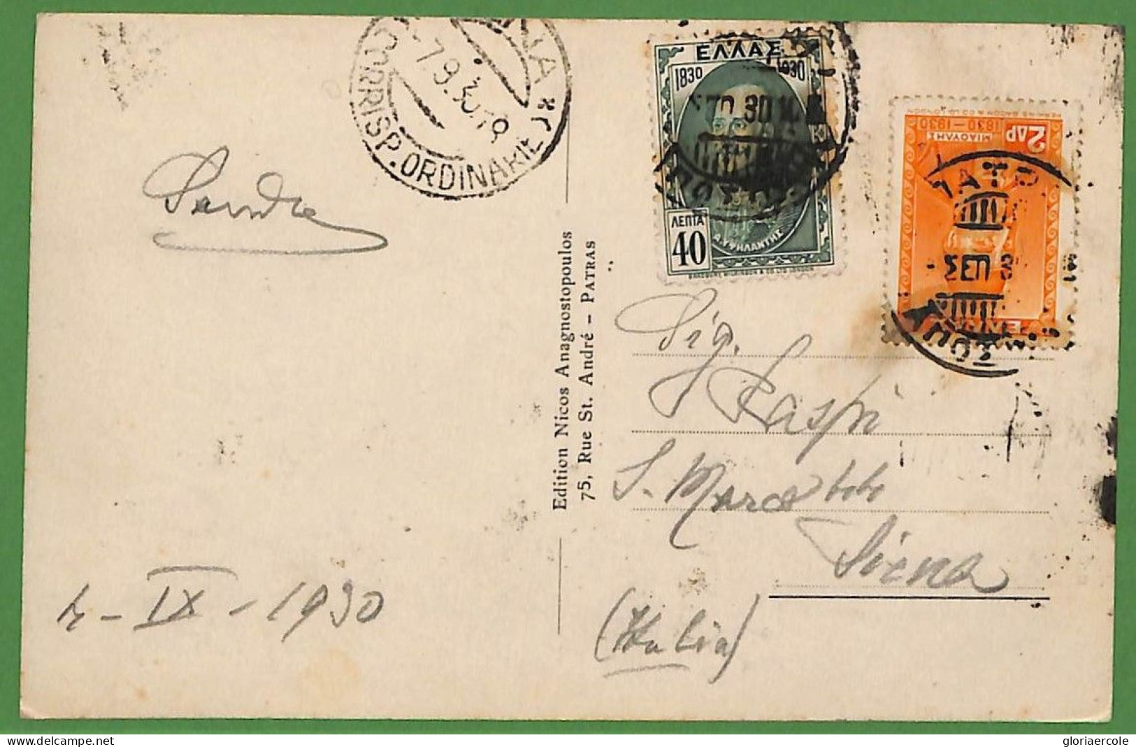 Ad0884 - GREECE - Postal History -  POSTCARD To ITALY 1930 - Brieven En Documenten