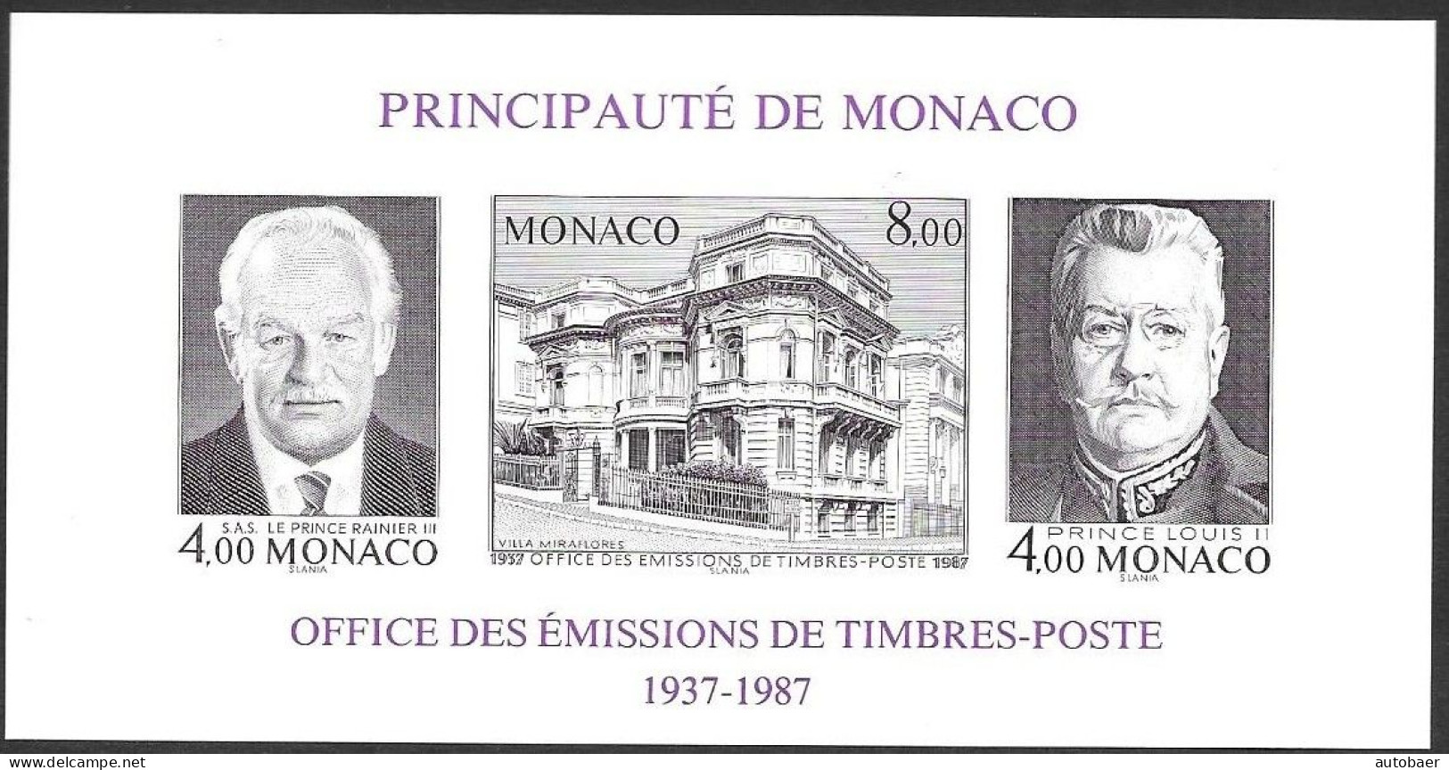 Monaco 1987 50 Ans Office Des Emissions De Timbres-Poste Yv. Bl. 39a Michel No. Bl. 37B (1820-22) Neuf MNH Unperforated - Blocks & Kleinbögen