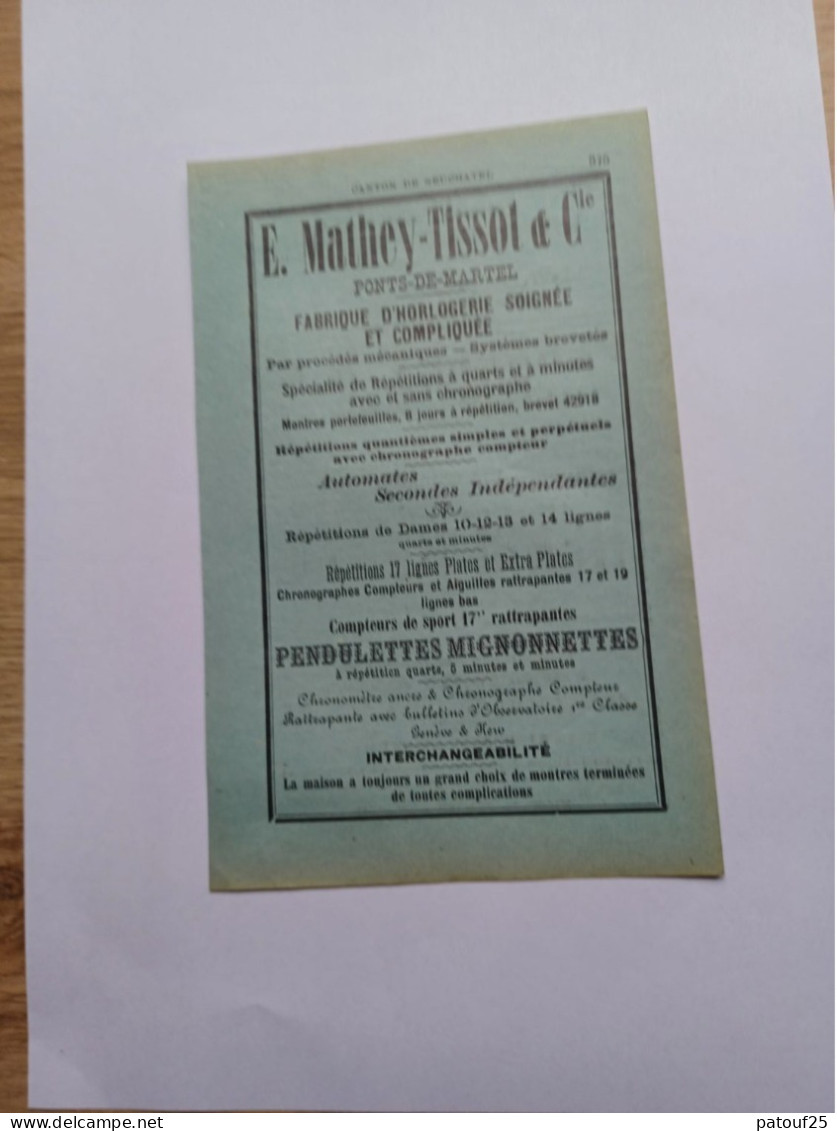 Ancienne Publicité Horlogerie E.MATHEY-TISSOT ET CIE PONTS DE MARTEL SUISSE 1914 - Suisse