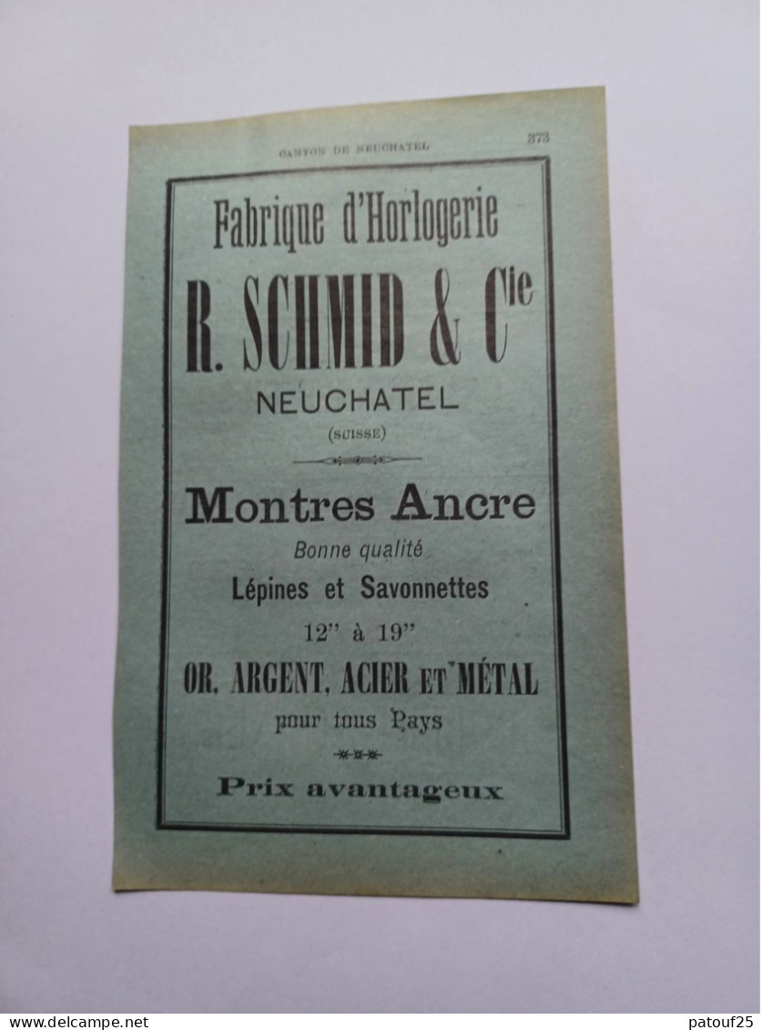 Ancienne Publicité Horlogerie R.SCHMID ET CIE NEUCHATEL  SUISSE 1914 - Schweiz