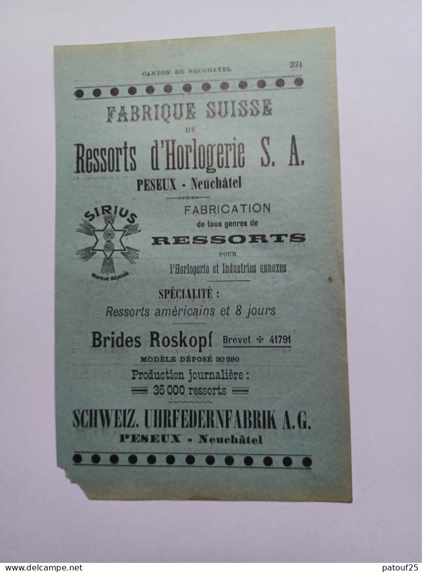 Ancienne Publicité Horlogerie RESSORTS D'HORLOGERIE PESEUX NEUCHATEL SUISSE 1914 - Suisse