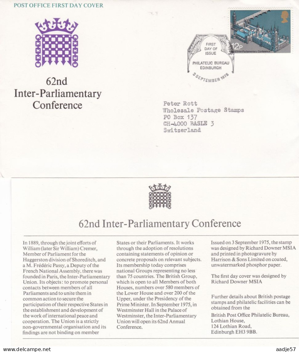GB Engeland 1975 FDC 62nd Inter-Parliamentary Conference - 1971-1980 Em. Décimales