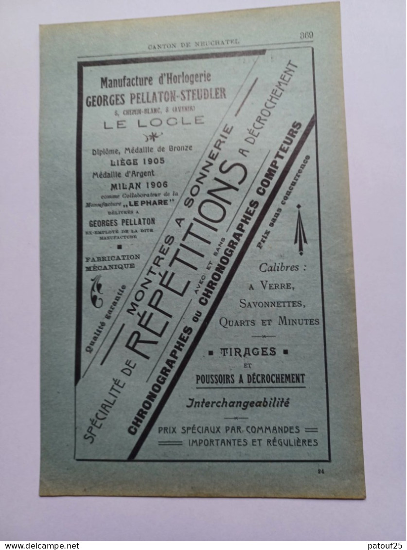 Ancienne Publicité Horlogerie G.PELLATON-STEUDLER LE LOCLE SUISSE 1914 - Suiza