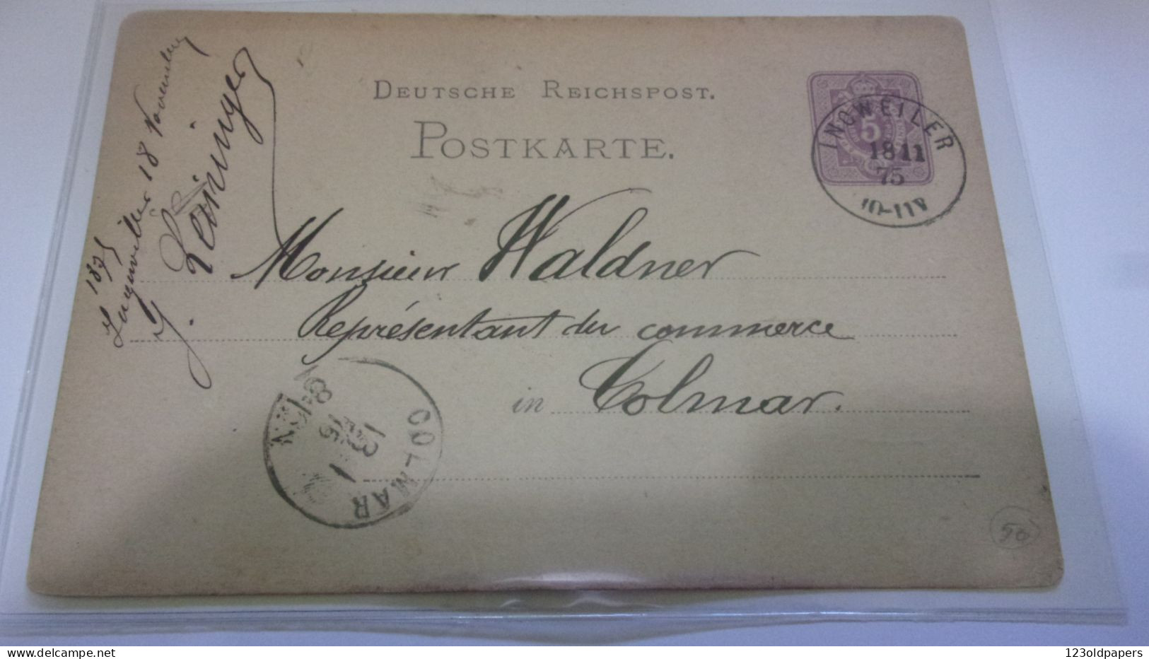 1875 DEUTSCHE  REICHPOST INGWILLER J LEININGER  INGWEILLER VERS COLMAR - Andere & Zonder Classificatie