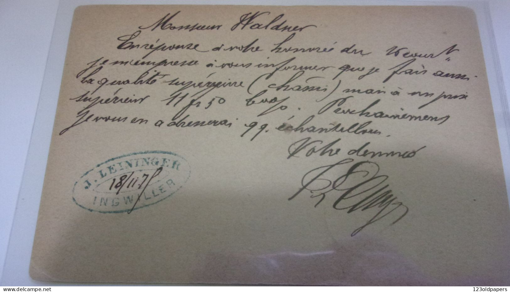1875 DEUTSCHE  REICHPOST INGWILLER J LEININGER  INGWEILLER VERS COLMAR - Sonstige & Ohne Zuordnung
