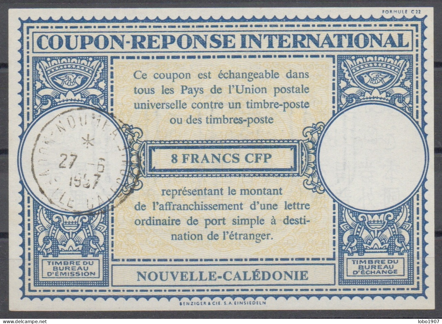 NOUVELLE CALEDONIE  Lo16n  8 FRANCS CFP International Reply Coupon Reponse Antwortschein IRC IAS NOUMEA 27.06.57 Pdv! - Entiers Postaux