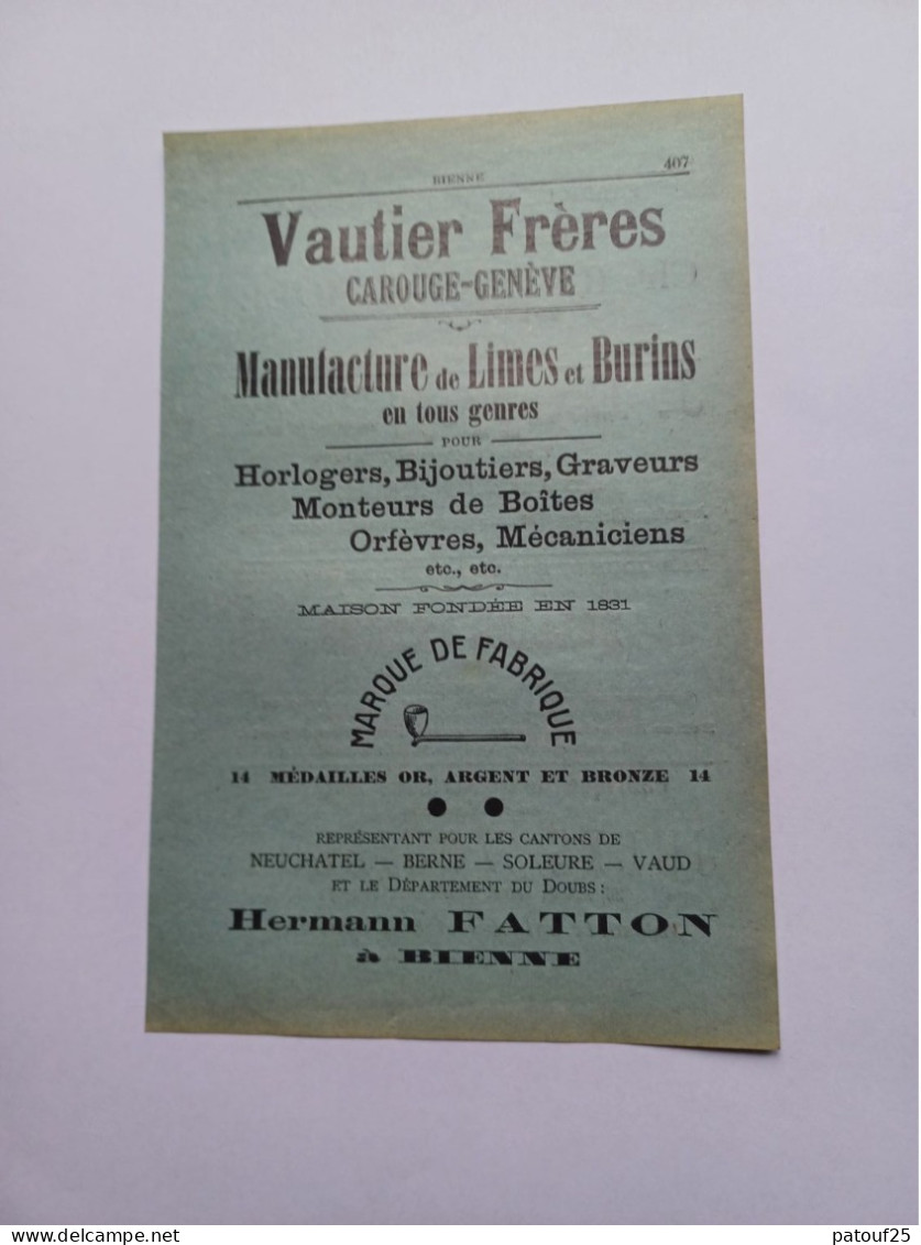 Ancienne Publicité Horlogerie VAUTIER FRERES CAROUGE GENEVE SUISSE 1914 - Switzerland