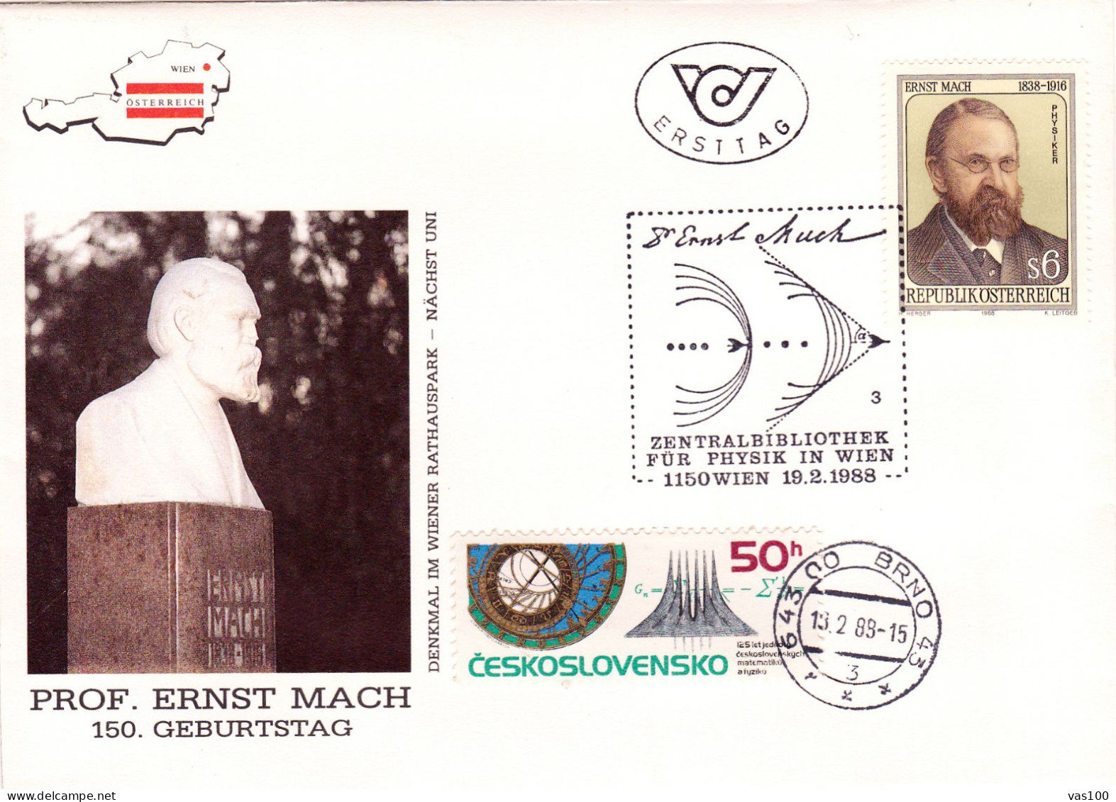 AUSTRIA POSTAL HISTORY / PROF. ERNST MACH 150 GEBURTSTAG, 19.02.1988 - Lettres & Documents