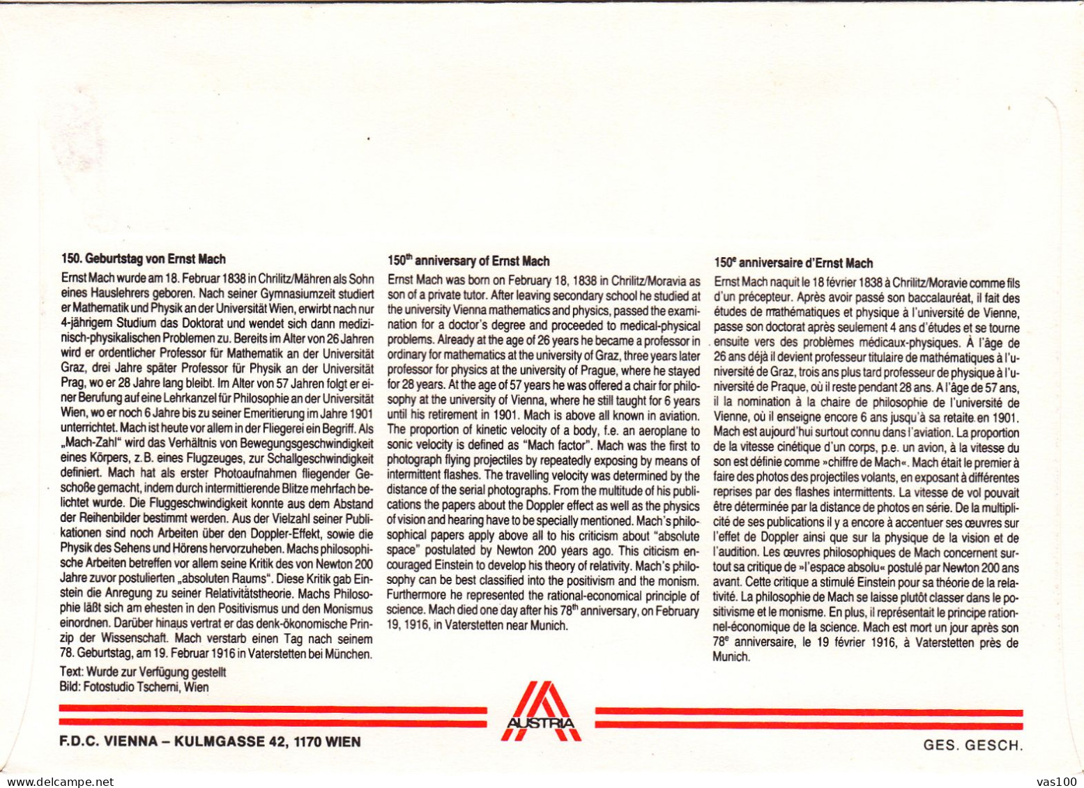 AUSTRIA POSTAL HISTORY / PROF. ERNST MACH 150 GEBURTSTAG, 19.02.1988 - Storia Postale