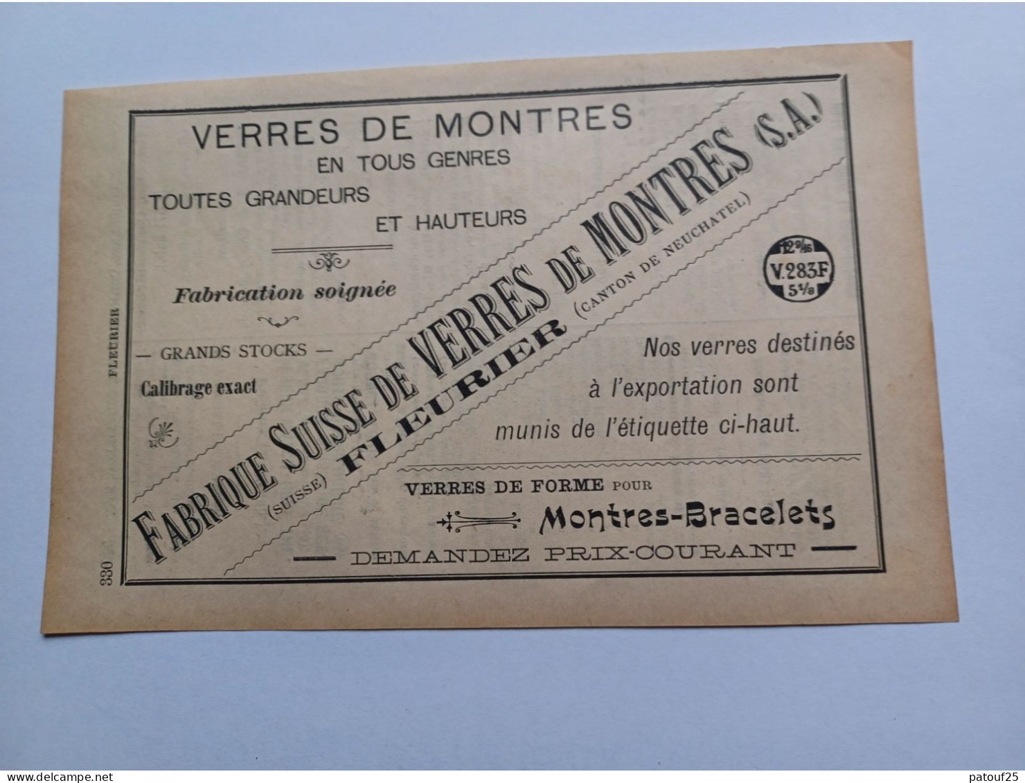 Ancienne Publicité Horlogerie FABRIQUE VERRES DE MONTRES FLEURIER SUISSE 1914 - Suiza