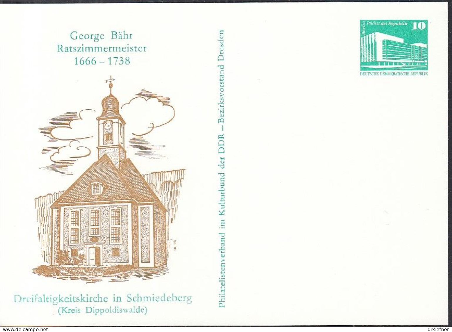 DDR PP 18, Ungebraucht, George Bähr, Ratszimmermeister, Dreifaltigkeitskirche Schmiedeberg, 1988 - Privé Postkaarten - Ongebruikt