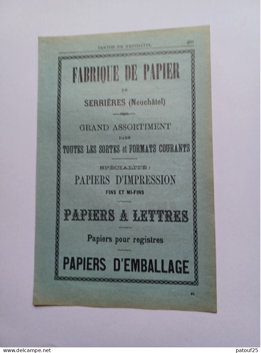 Ancienne Publicité Horlogerie FABRIQUE DE PAPIER SERRIERES NEUCHATEL SUISSE 1914 - Switzerland