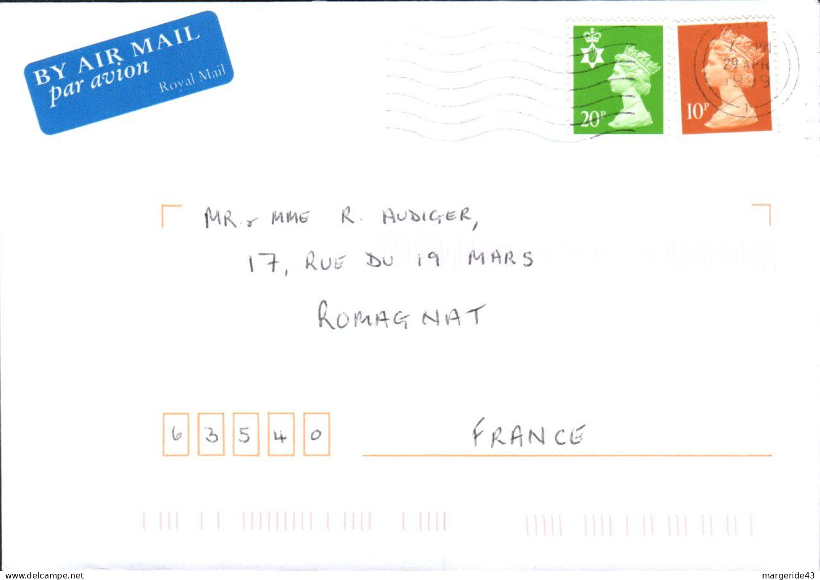 GB AFFRANCHISSEMENT COMPOSE SUR LETTRE DE BELFAST POUR LA FRANCE 1999 - Storia Postale