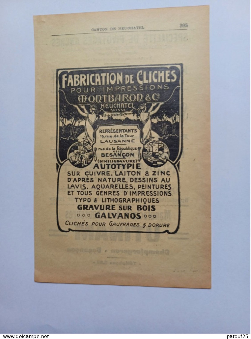 Ancienne Publicité Horlogerie  CLICHES DORURES MONTBARON NEUCHATEL SUISSE 1914 - Suisse