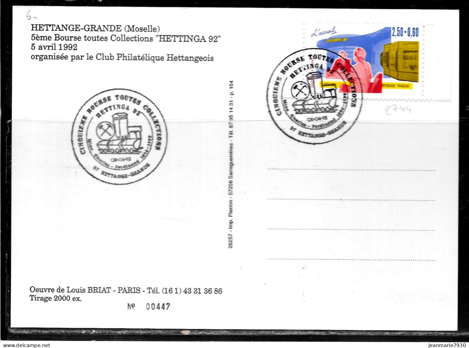 K115 - JOURNEE DU TIMBRE N° 2744 SUR CP DE HETTANGE GRANDE DU 06/04/92 - HETTINGA - Commemorative Postmarks