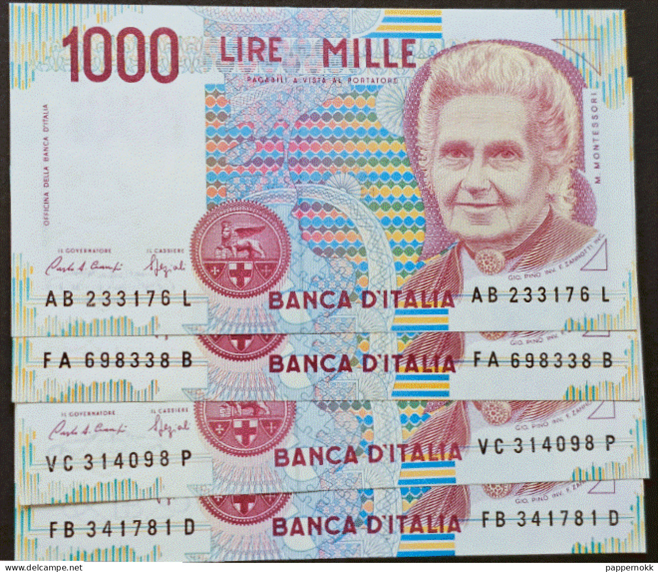 1000 Lire Montessori  4 Banconote  FDS/UNC  Banconote Impeccabili, Mai Circolate. - 1.000 Lire