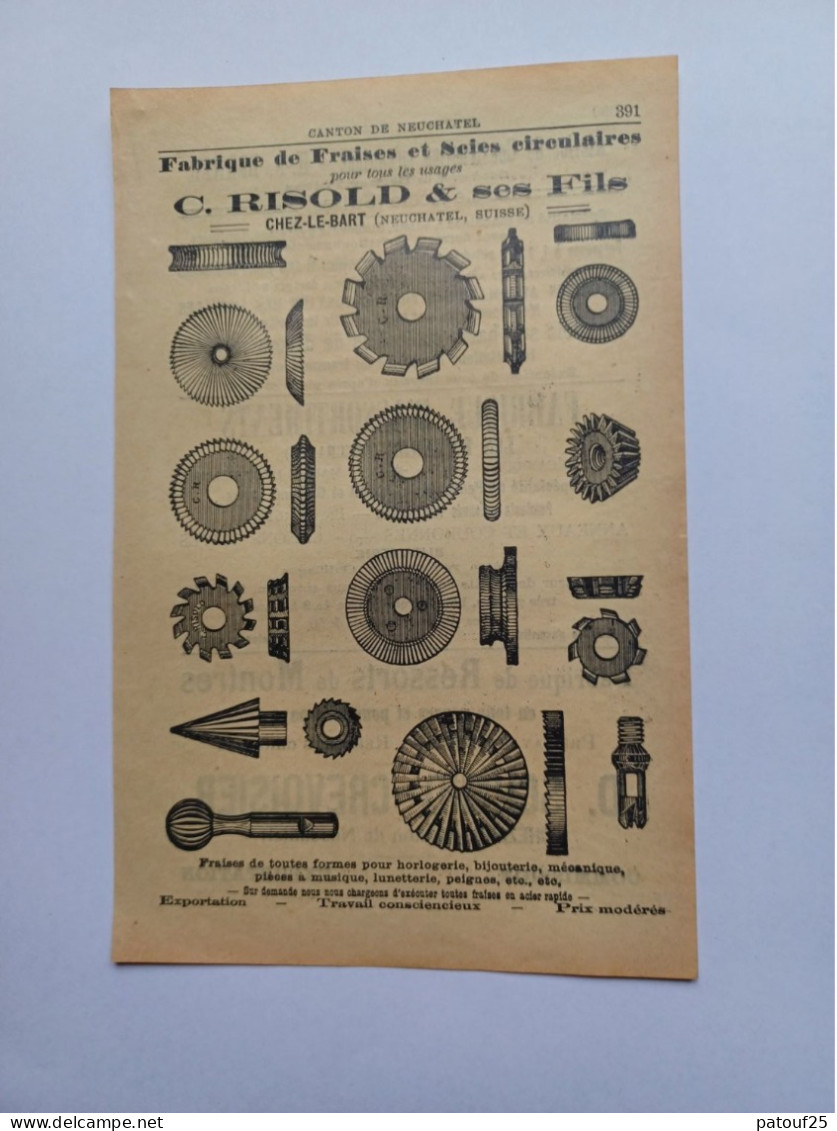 Ancienne Publicité Horlogerie  C.RISOLD  FILS CHEZ LE BART NEUCHATEL SUISSE 1914 - Suiza