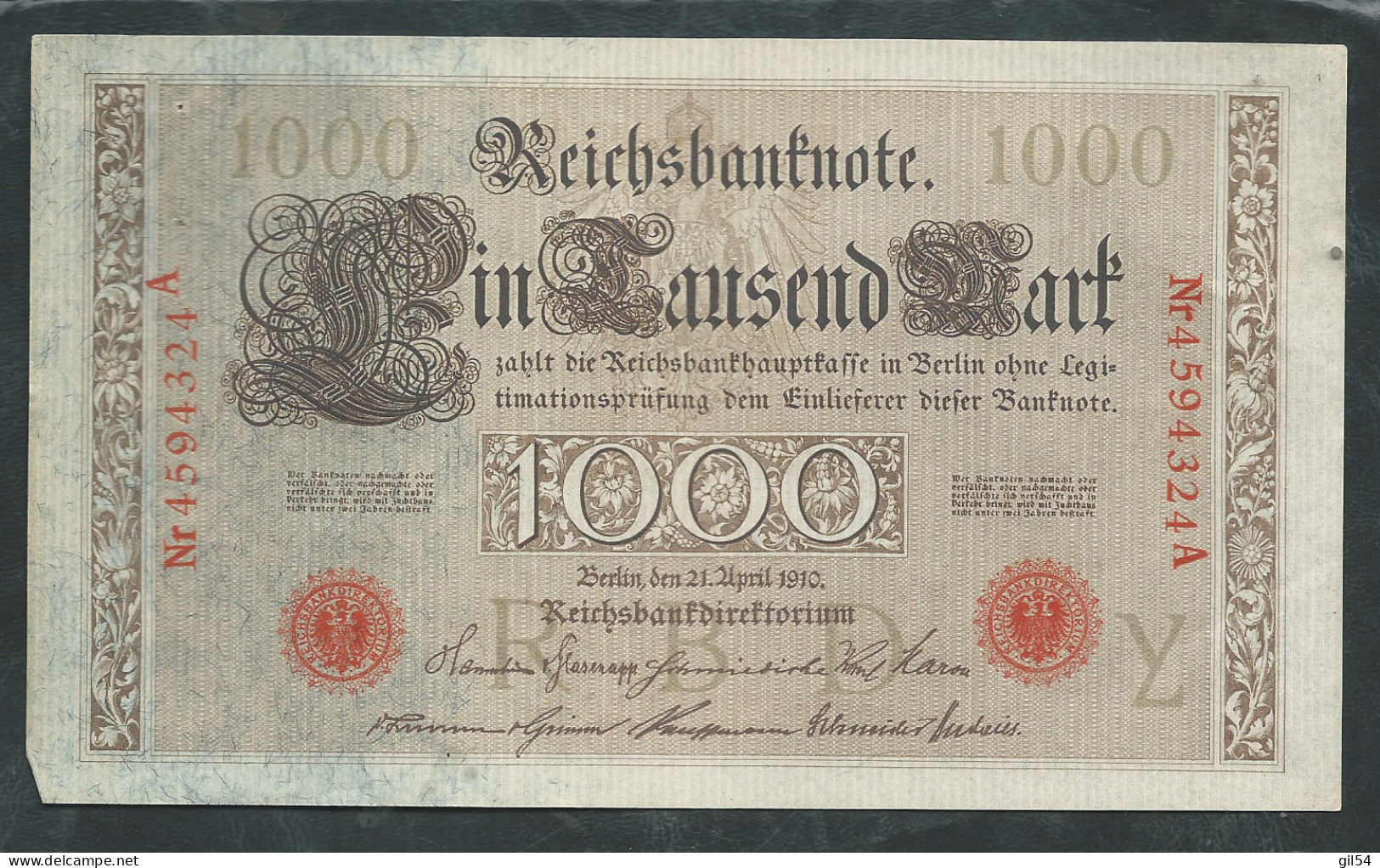 Allemagne - Billet De 1000 Mark - 21 Avril 1910 - Rouge Nr 4594324A - Laura 13010 - 1.000 Mark