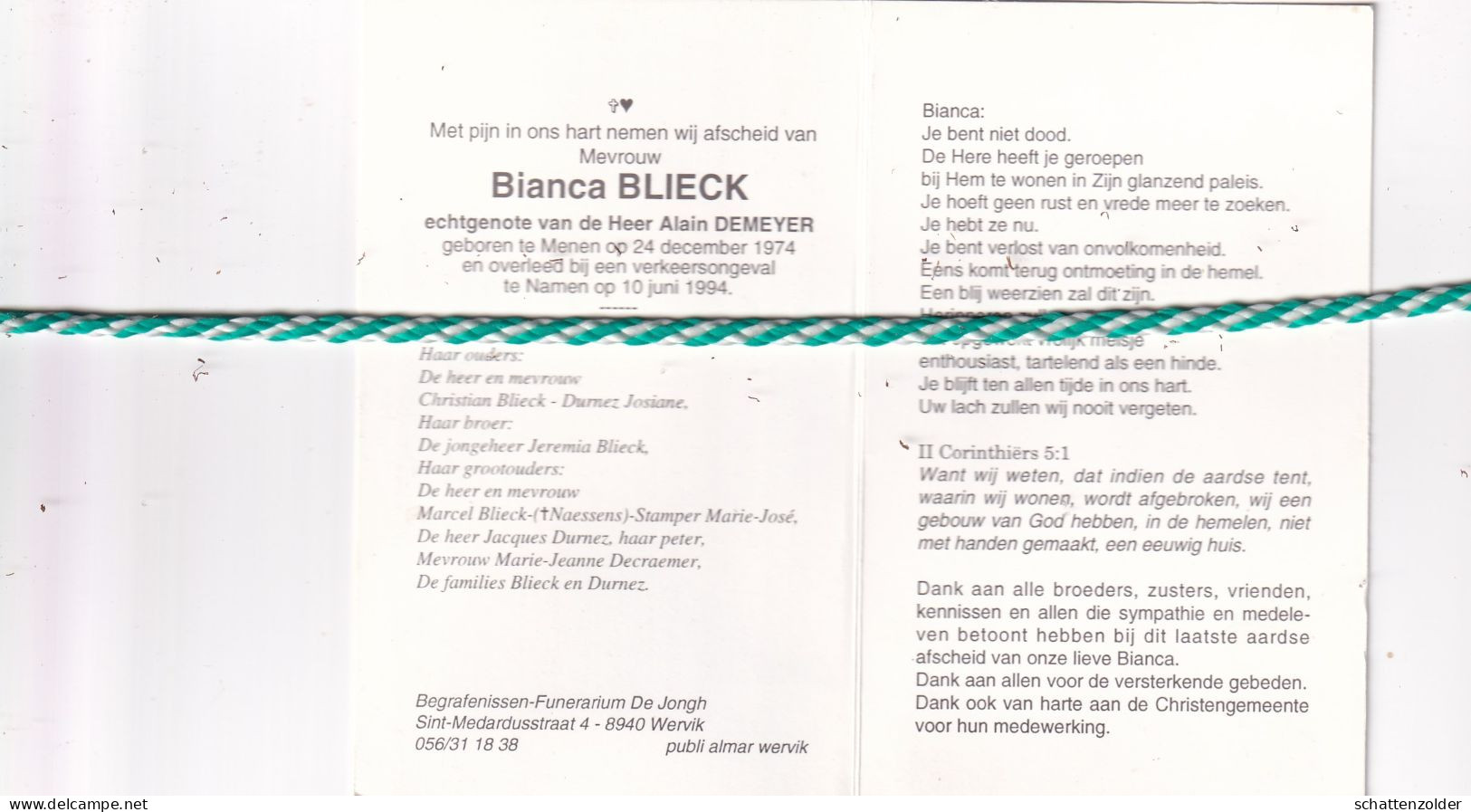 Bianca Blieck-Demeyer, Menen 1974, Namen 1994. Foto - Avvisi Di Necrologio