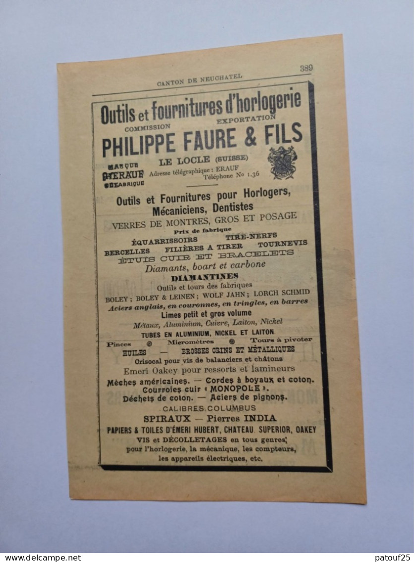 Ancienne Publicité Horlogerie P.FAURE ET FILS LE LOCLE SUISSE 1914 - Suisse