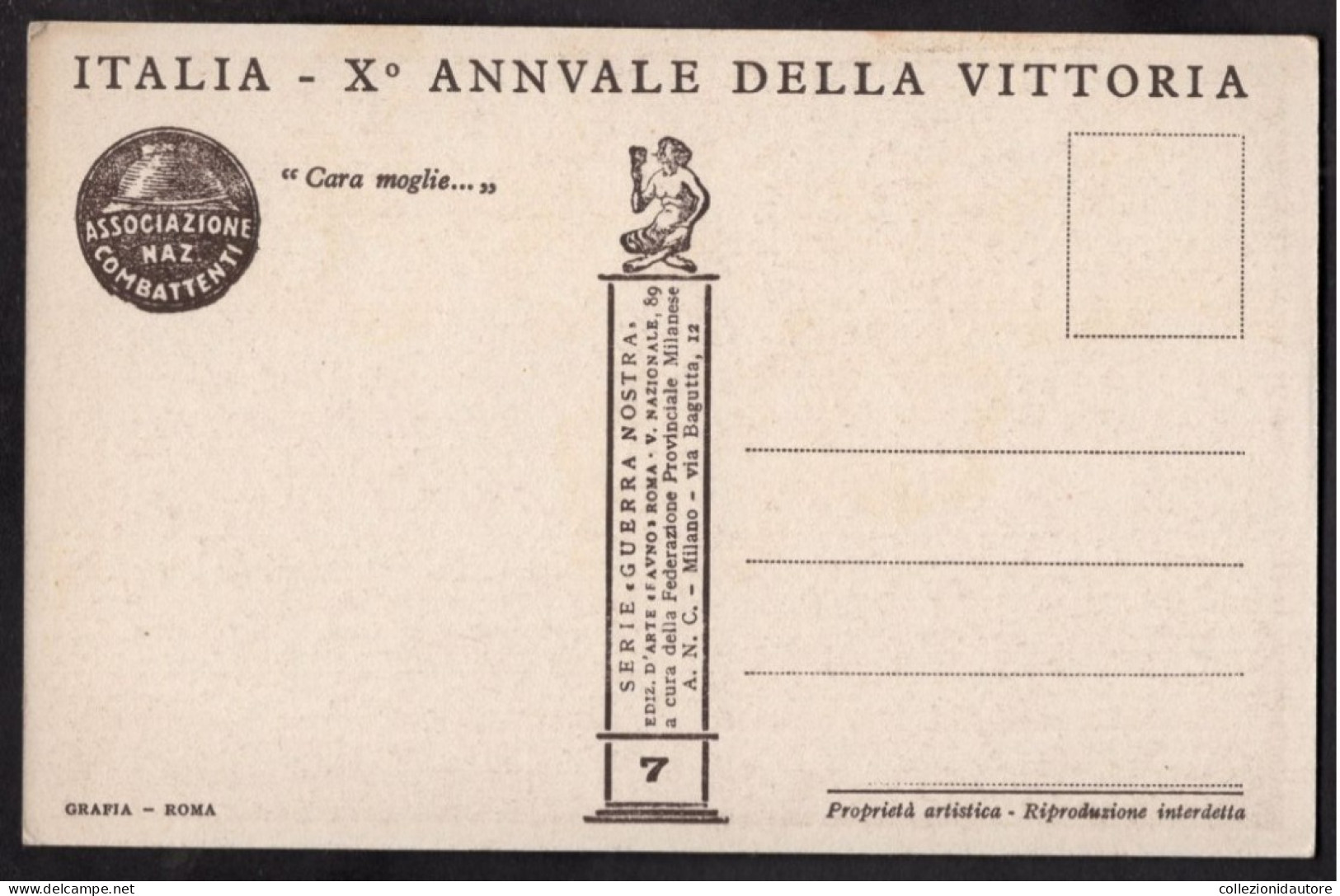 1928 - ITALIA X° ANNUALE DELLA VITTORIA - GUERRA NOSTRA - CARA MOGLIE - CARTOLINA FP ILLSTRATA DA APOLLONI - Weltkrieg 1939-45