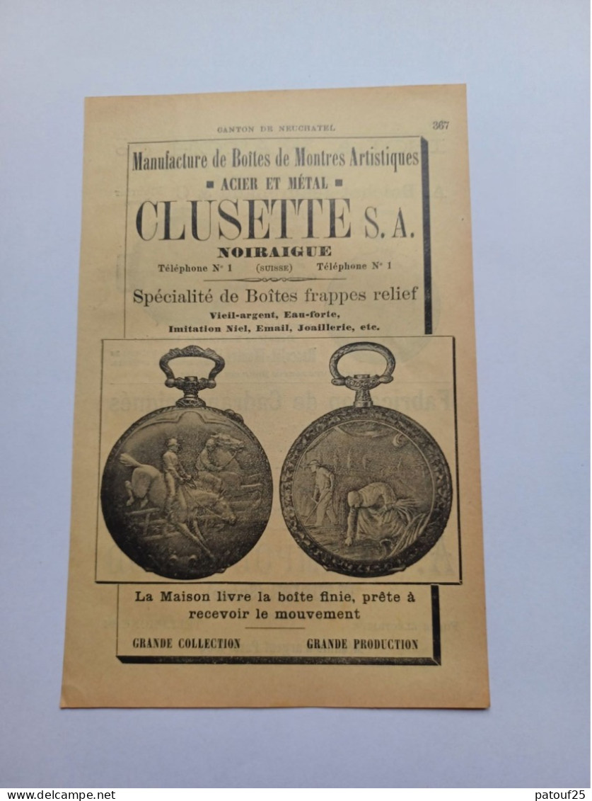 Ancienne Publicité Horlogerie CLUSETTE S.A NOIRAIGUE SUISSE 1914 - Suiza