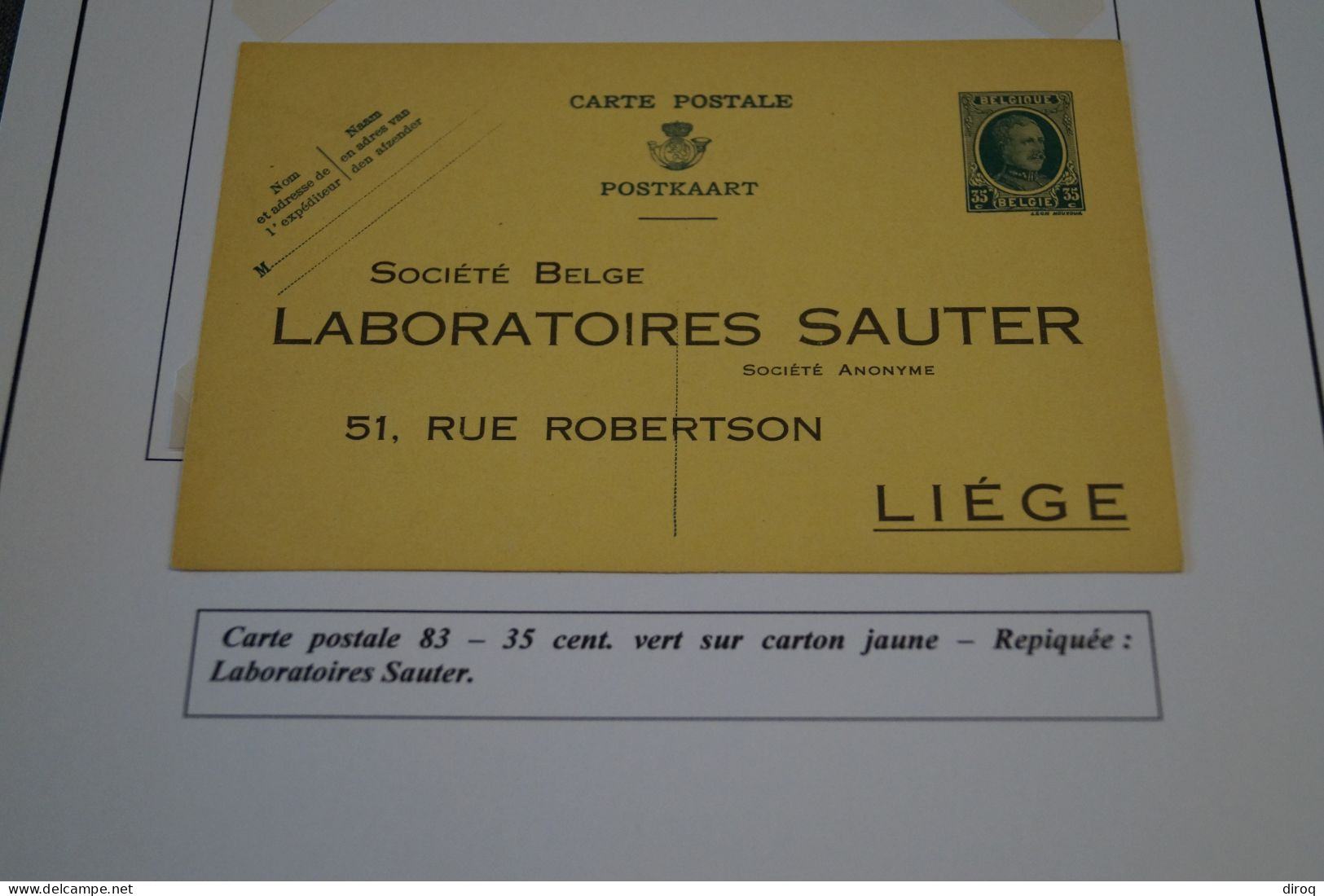 Type Albert I - Houyoux 1928,carte Publicitaire Labo Sauter Liège,carte N° 83,état Neuf Pour Collection - Cartes Postales 1909-1934