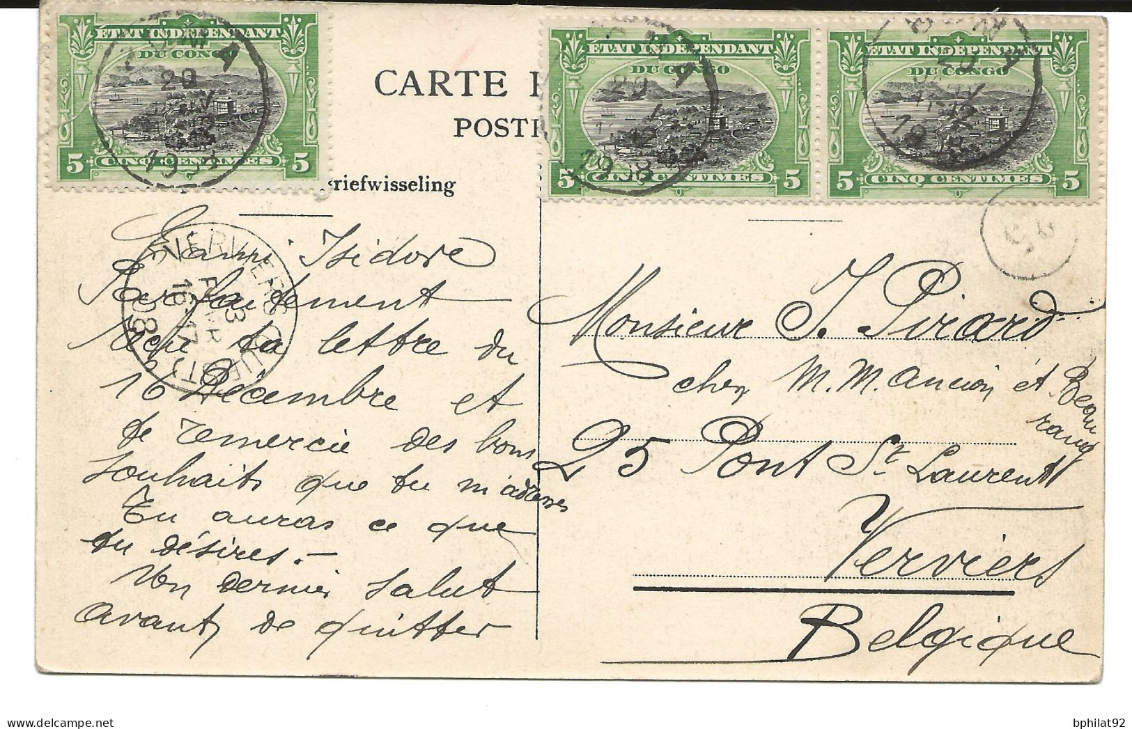 !!! CONGO, CPA DE 1908, DÉPART BOMA POUR VERVIERS, BELGIQUE - Storia Postale