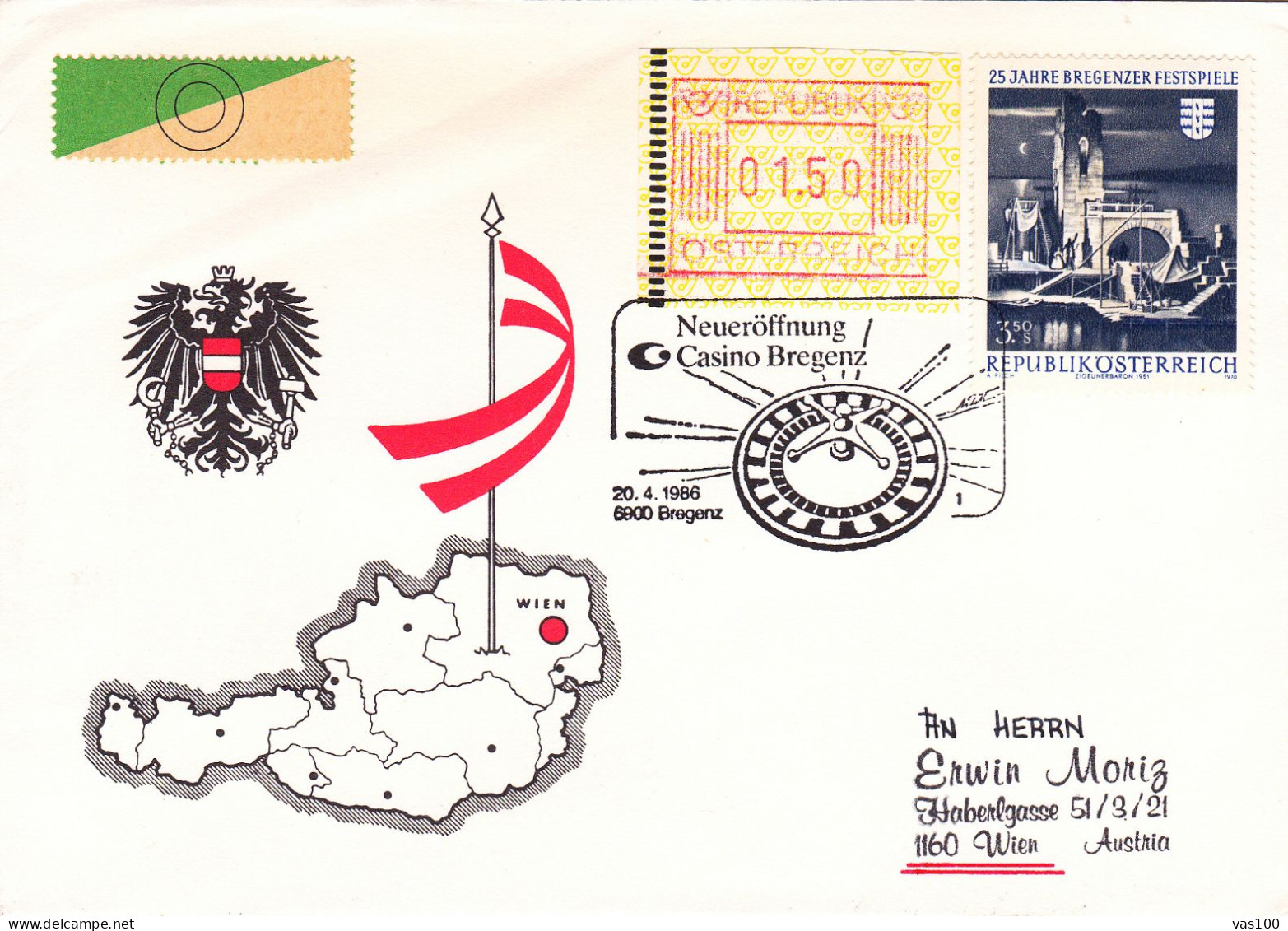 AUSTRIA POSTAL HISTORY / CASINO BREGENZ, 20.04.1986 - Cartas & Documentos