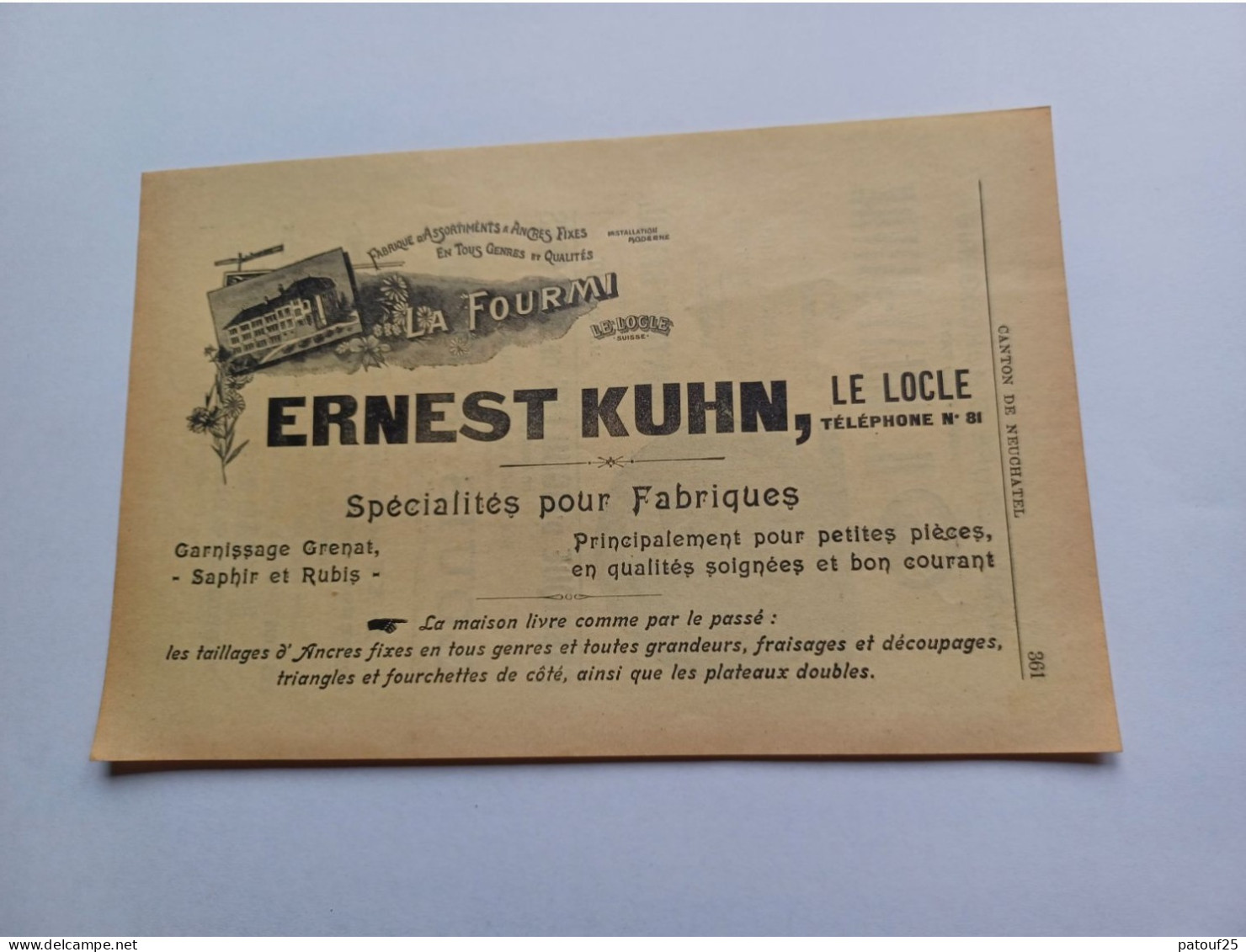 Ancienne Publicité Horlogerie ERNEST KUHN LA FOURMI LE LOCLE SUISSE 1914 - Switzerland