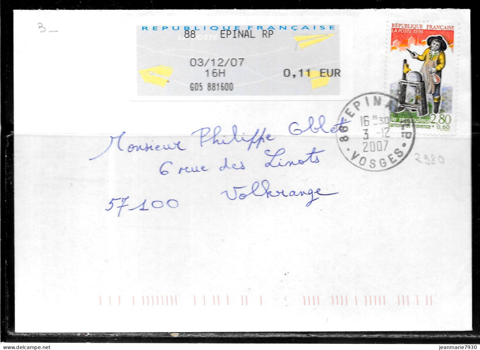 K120 - N° 2980 SUR LETTRE DE EPINAL DU 03/12/07 -VIGNETTE - Commemorative Postmarks