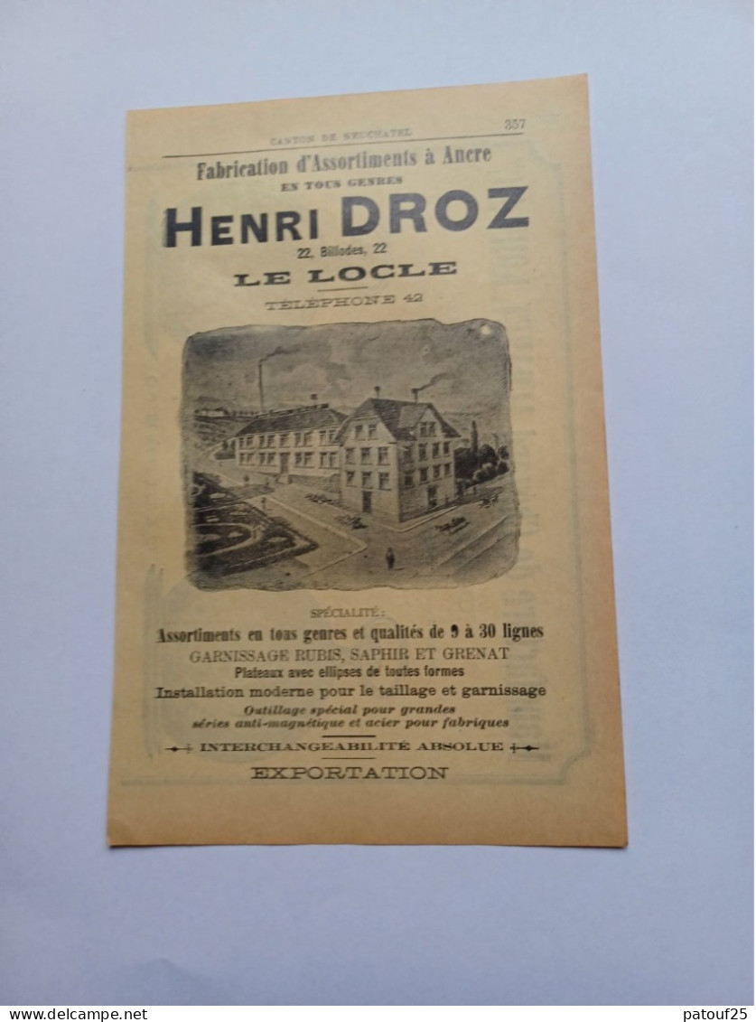 Ancienne Publicité Horlogerie HENRI DROZ LE LOCLE SUISSE 1914 - Zwitserland