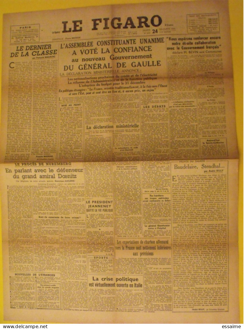 6 N° Le Figaro De 1945. De Gaulle Iran Nuremberg Viet Minh Mauriac Doenitz Hess Denoel Zog Albanie - Other & Unclassified