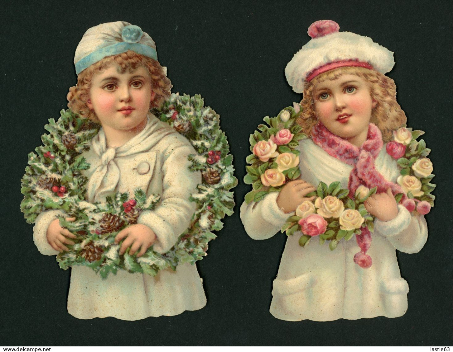 2 Grands Bustes Enfants Comme Ange En Blanc  Coronne De Roses Et Couronne De Houx Noël ( Avec Paillettes .  16,5 X 12 Cm - Autres & Non Classés
