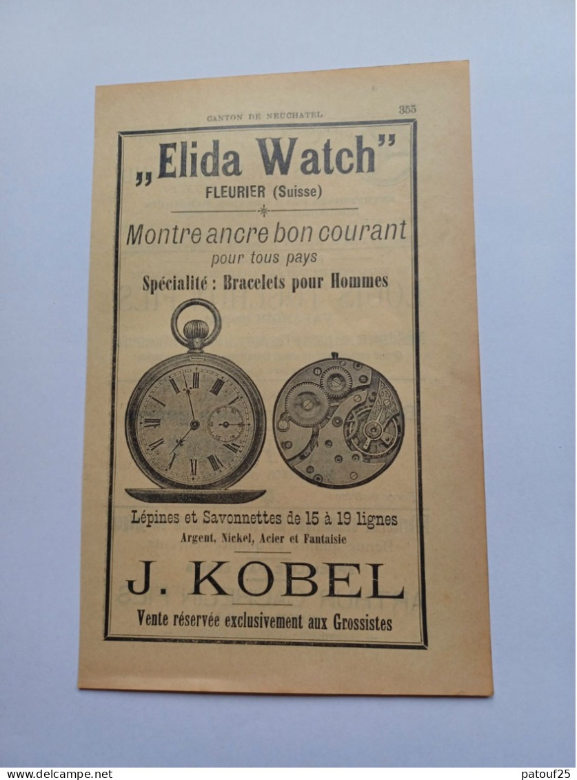 Ancienne Publicité Horlogerie J.KOBEL ELIDA WATCH FLEURIER SUISSE 1914 - Switzerland