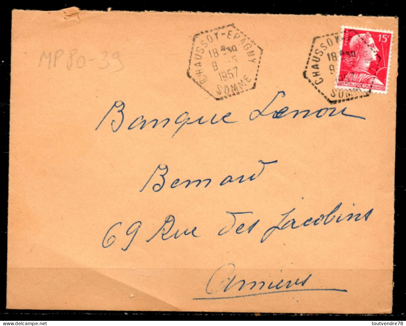 MP80-39 : Dept 80 (Somme) CHAUSSOY EPAGNY 1957 > Cachet Type F7 - Manual Postmarks