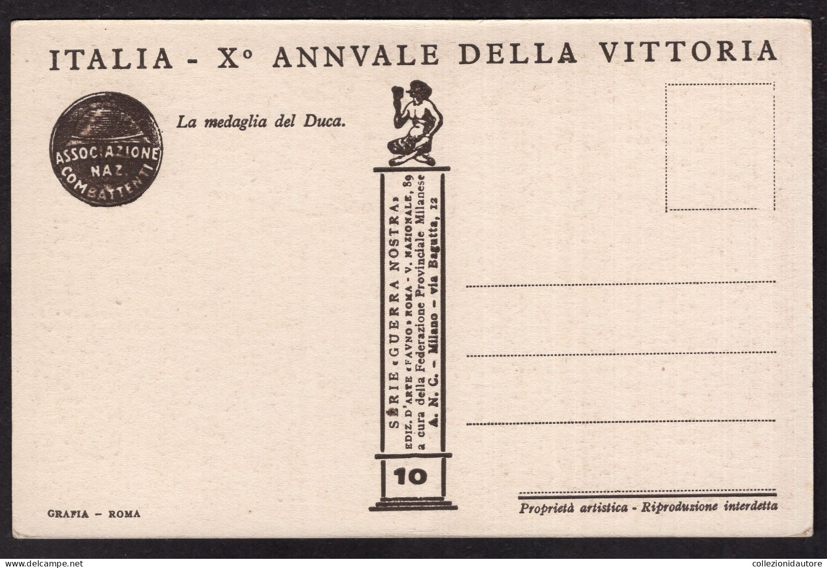 1928 - ITALIA X° ANNUALE DELLA VITTORIA - GUERRA NOSTRA - LA MEDAGLIA DEL DUCA - CARTOLINA FP ILLSTRATA DA APOLLONI - War 1939-45