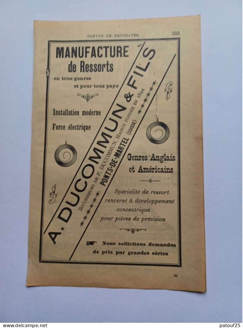 Ancienne Publicité Horlogerie A.DUCOMMUN ET FILS PONTS DE MARTEL SUISSE 1914 - Zwitserland