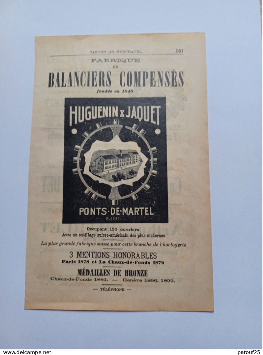 Ancienne Publicité Horlogerie HUGUENIN ET JACQUET PONTS DE MARTEL SUISSE 1914 - Switzerland