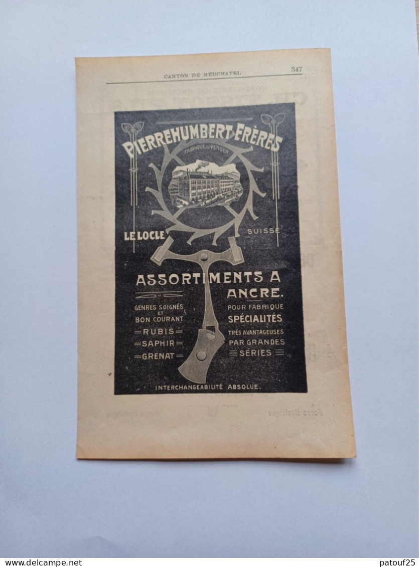 Ancienne Publicité Horlogerie PIERREHUMBERT FRERES LE LOCLE SUISSE 1914 - Suisse