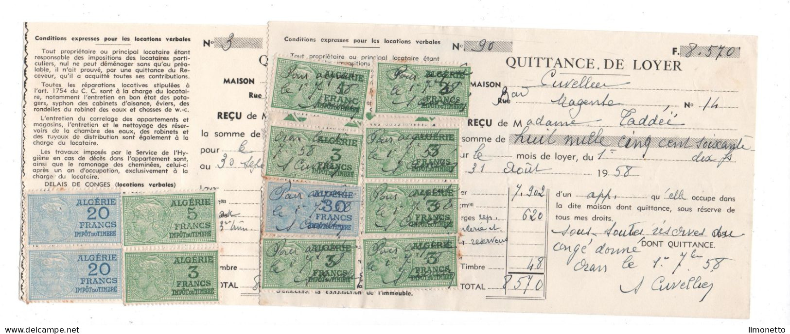 France -Algérie - Fiscaux : Lot 2 Documents -(Quittances-) 12 Timbres Fiscaux De 1 Fr A 30 Frs - Bon état -(2) - Storia Postale