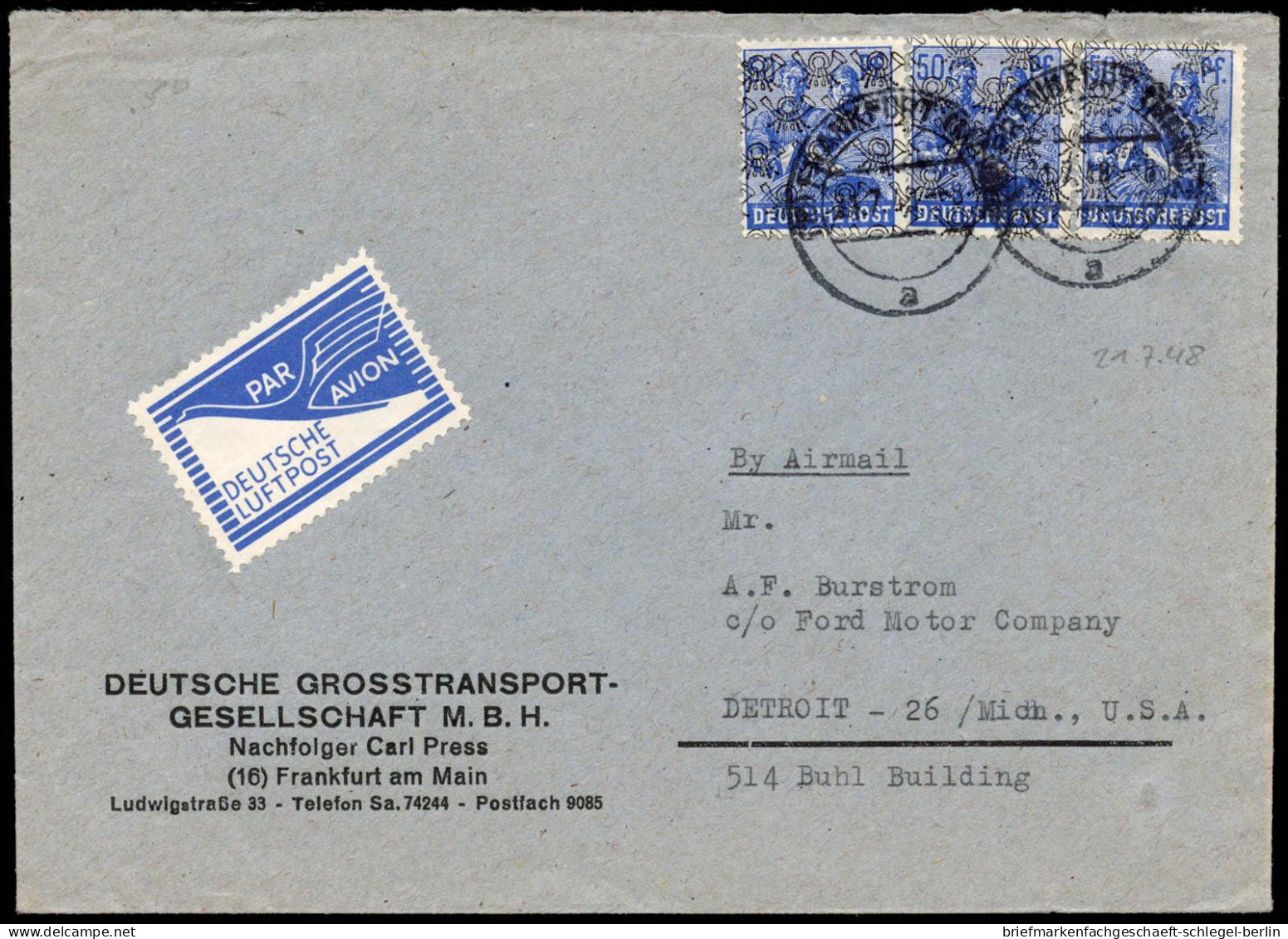 Bizone Flugpost-Zulassungsmarke, 1948, 48 II (3) + FZ 1, Brief - Covers & Documents